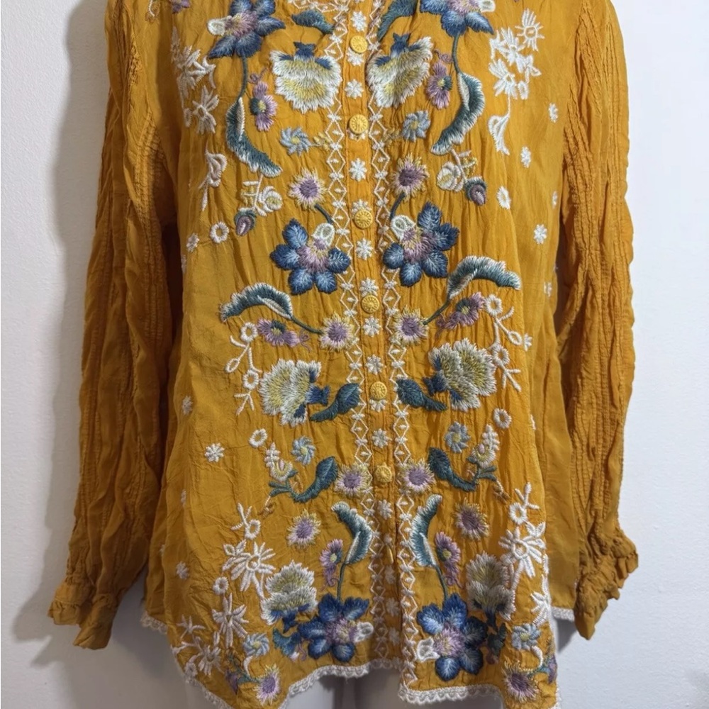 RARE Johnny Was Tove Tove Yellow Floral Embroidered Button Down BlouseSz S XC - Picture 4 of 13